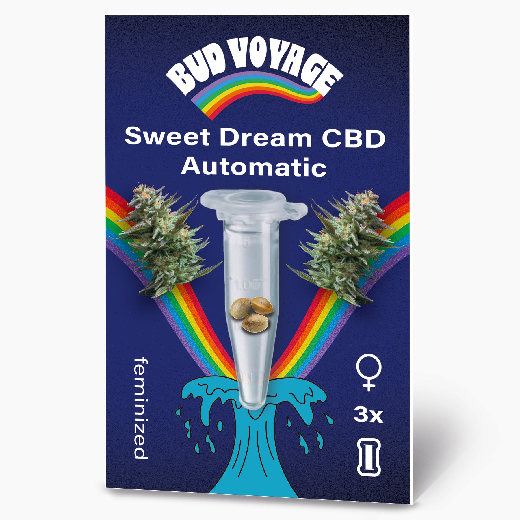Bud Voyage Grafik: Sweet Dream CBD Automatic Samen in einer Reagenzglas, umgeben von Regenbogen und maritimen Motiven, zeigt drei feminisierte Samen und leuchtend grüne Cannabisblüten