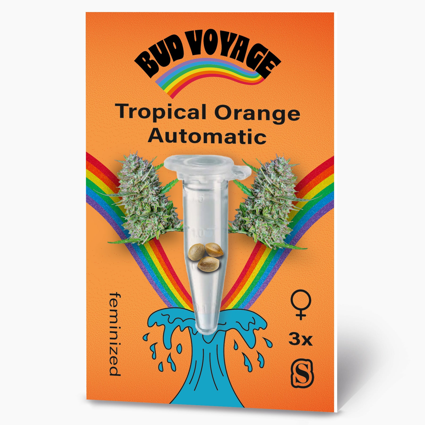 Bud Voyage Grafik: Tropische Orange Automatic Samen in einer Testtube, umgeben von Cannabisblüten und einem Regenbogen auf orangefarbenem Hintergrund mit türkisfarbener Welle und drei feminisierten Samen