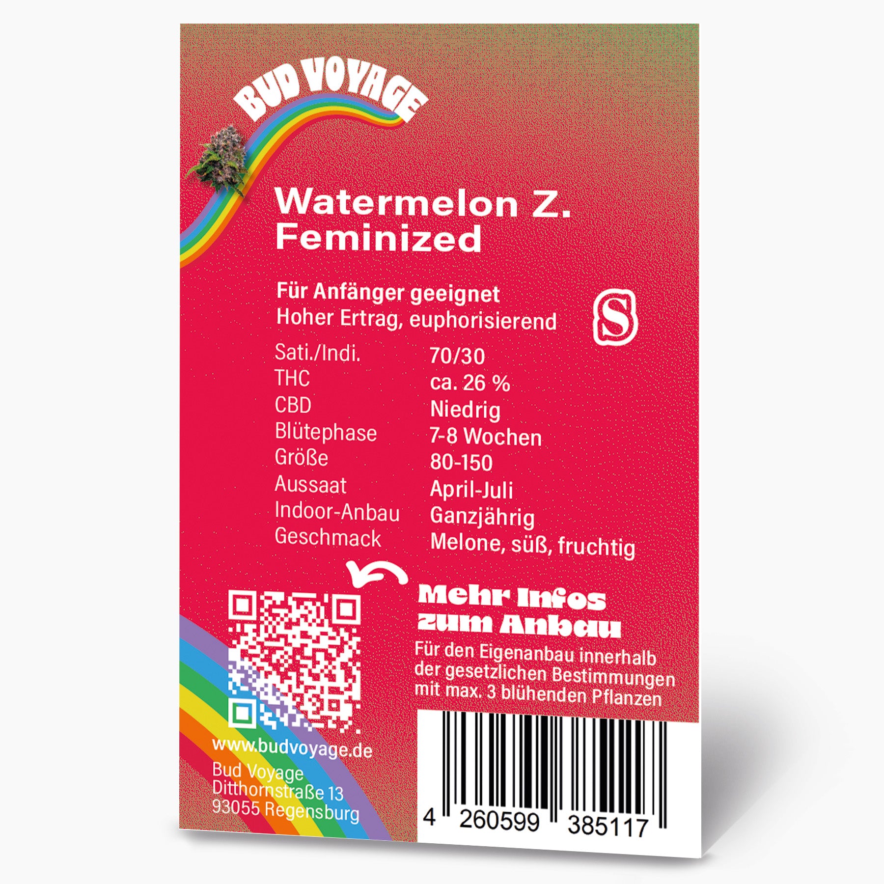 Bud Voyage seed packet featuring a vibrant rainbow, detailed product information, and a QR code for further details about Watermelon Z feminized cannabis seeds