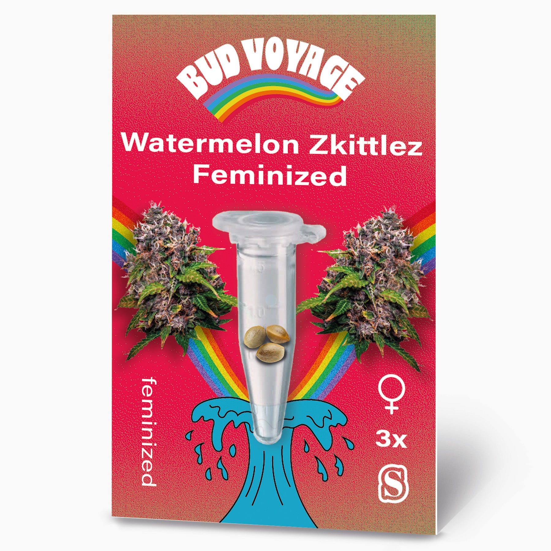 Bud Voyage Grafikdesign: Watermelon Zkittlez feminisierte Samen, drei Samen in einer Reagenzglas auf rotem Hintergrund mit Regenbogen und türkisfarbener Welle,  Marihuana Blüten und  Samen sind sichtbar