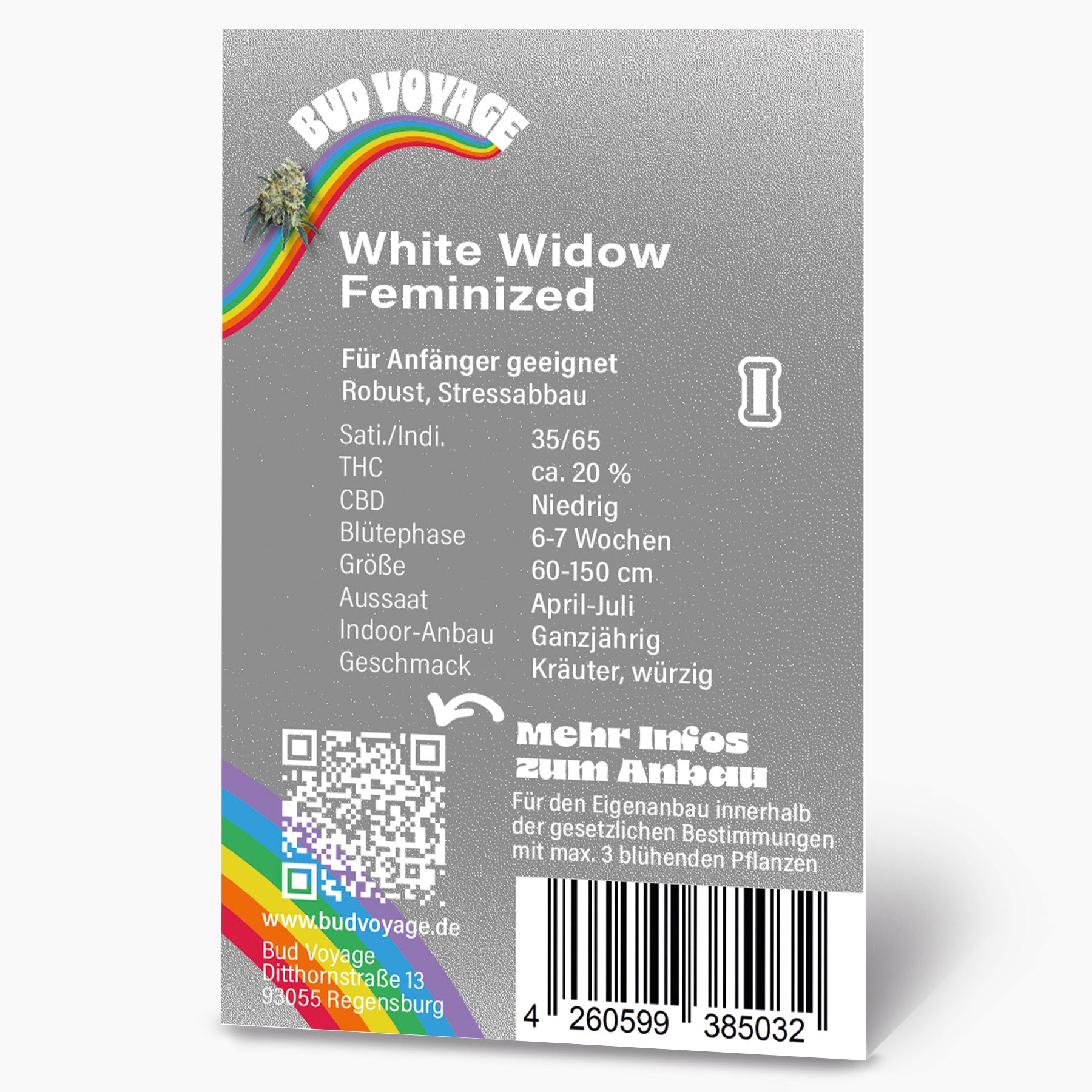 Bud Voyage Produktgrafik: White Widow feminisierte Hanfsamen, Regenburg, mit Regenbogen, QR-Code und Barcode, detaillierte Angaben zum Anbau