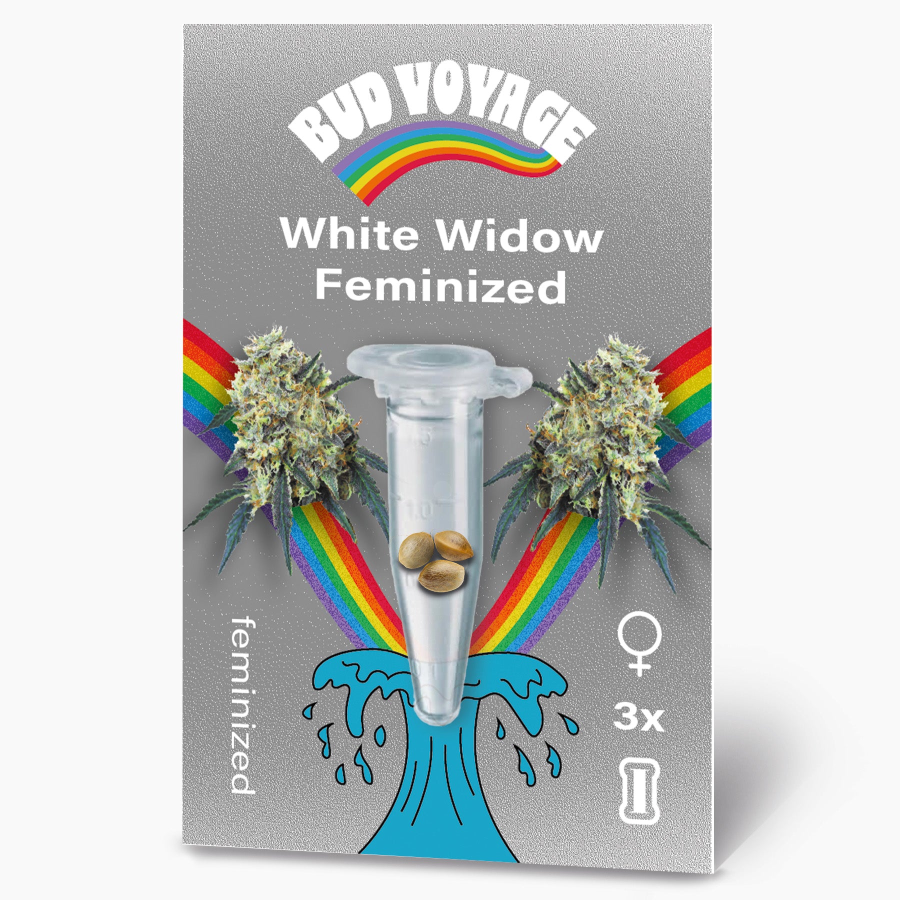 Bud Voyage Grafikdesign:  White Widow feminisierte Samen in einer Testtube, umgeben von Regenbögen und Marihuana-Blüten, zeigt drei Samen und einen hellblauen Wasserstrahl
