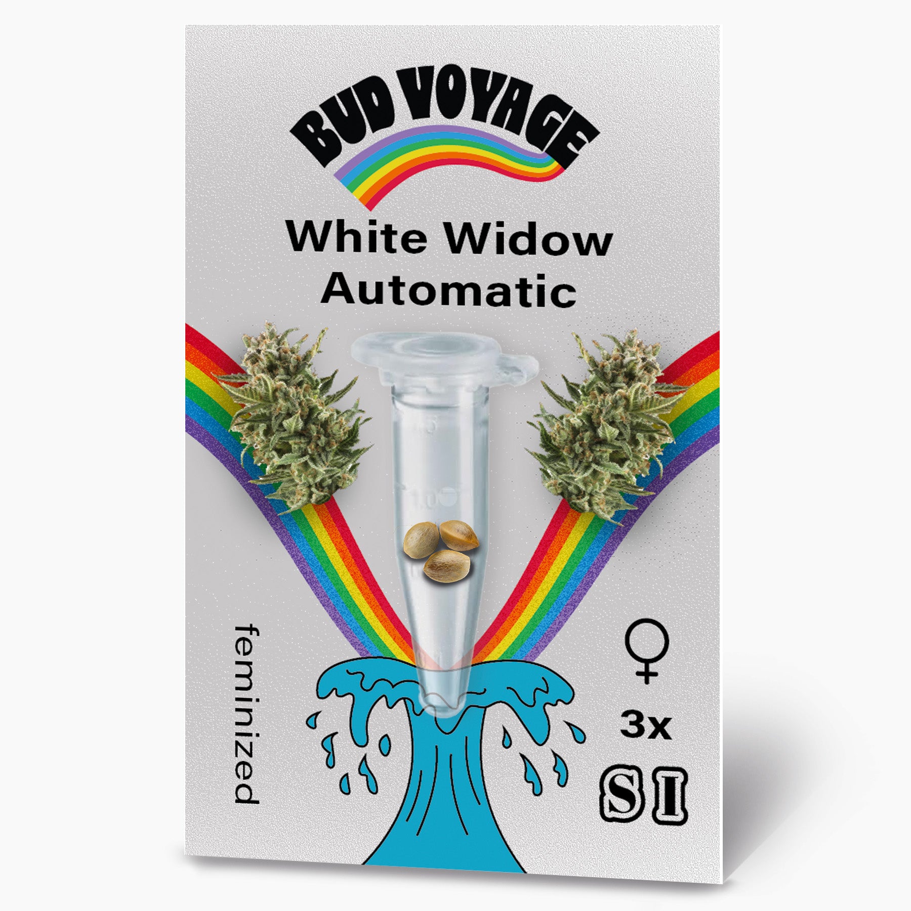 Bud Voyage Grafikdesign: White Widow Automatic Samen, drei feminisierte Samen in einer Testtube, umgeben von Regenbogen und maritimen Wellenelementen, zeigen Cannabisblüten