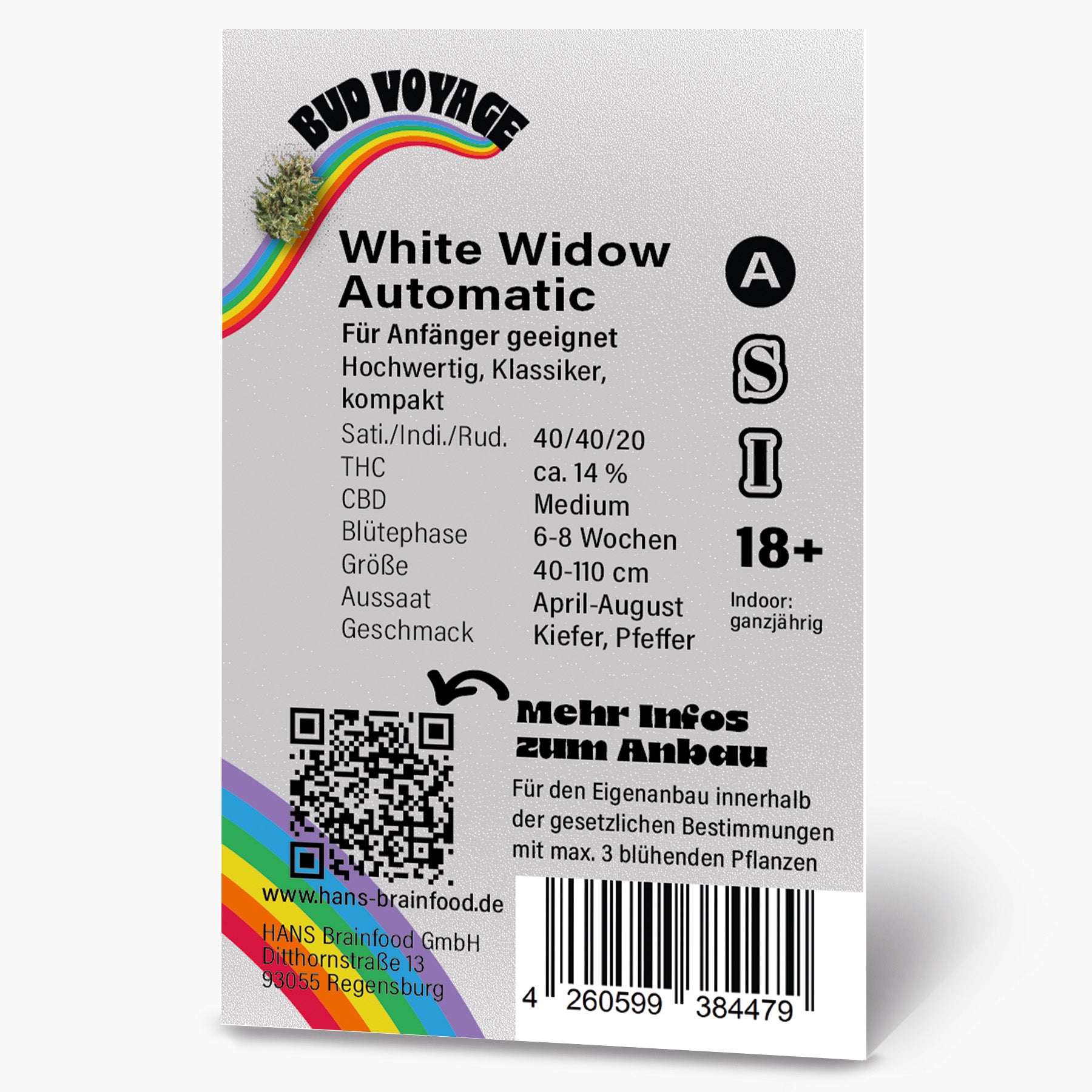 Bud Voyage Produktgrafik: White Widow Automatic Hanfsamen, Regenbogen, QR-Code und Barcode, Kiefer-Pfeffer Geschmack