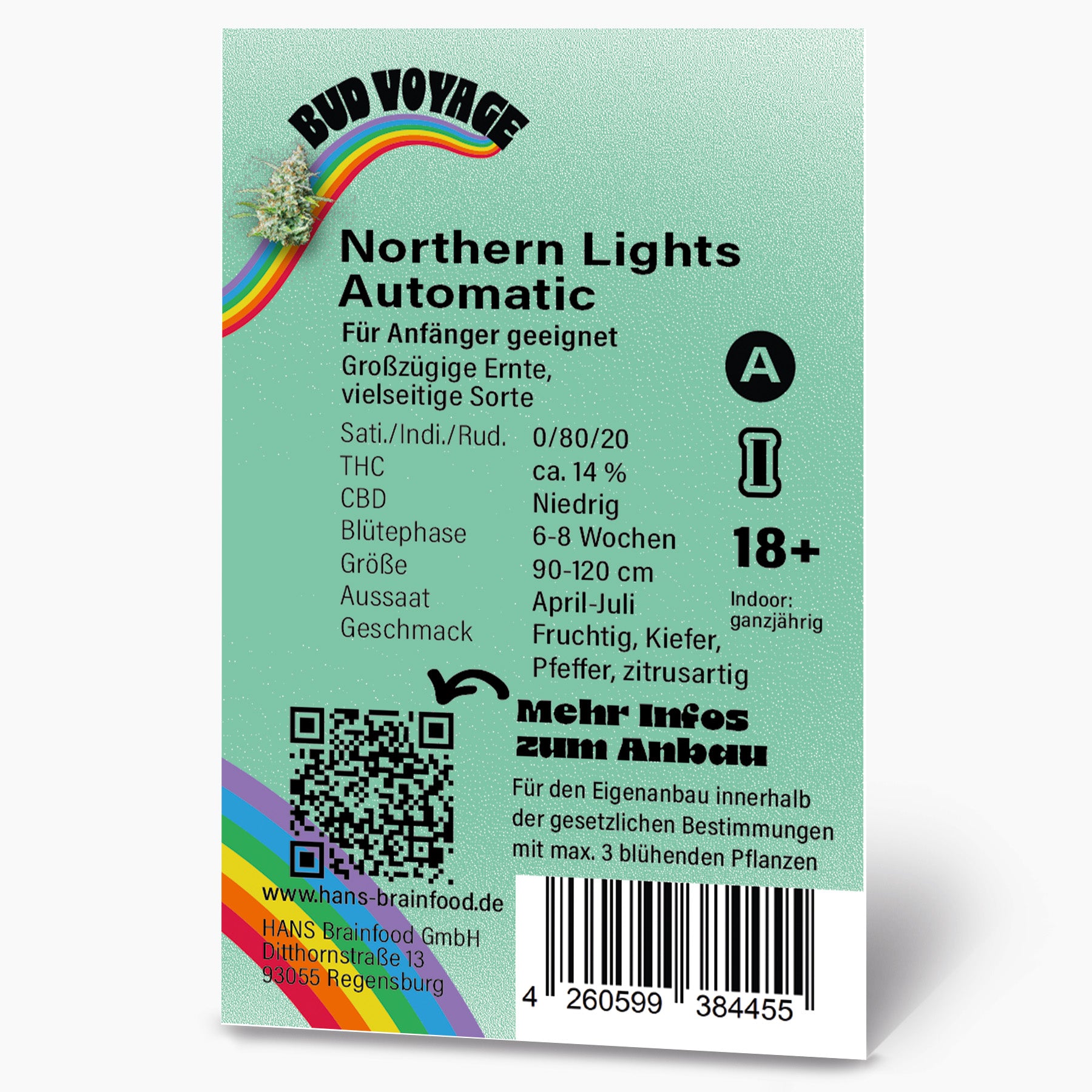 Grafik von Hans Brainfood GmbH, zeigt Northern Lights Automatic Cannabis, Regenbogen und QR-Code mit fruchtigen, kiefernartigen und zitrusartigen Noten