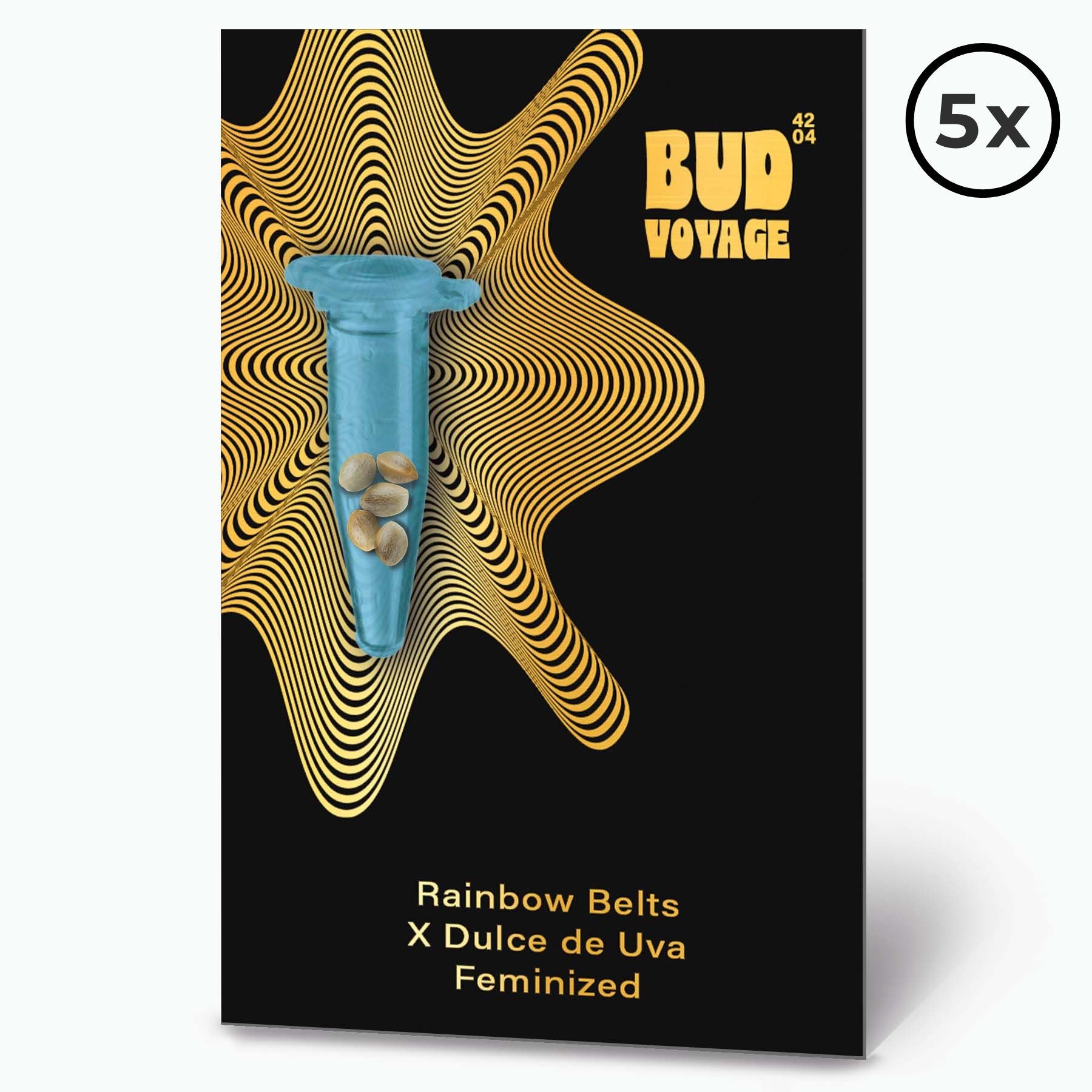 Digitale Kunst,  Cannabis Samen in einer blauen Kapsel auf goldenen, wellenförmigen Hintergrund mit dem Logo Bud Voyage und dem Text Rainbow Belts x Dulce de Uva feminisiert
