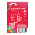 Grafik von Hans Brainfood GmbH zeigt die Cannabis-Sorte Strawberry Smile Automatic mit einem Regenbogen, QR-Code und Barcode, sowie Angaben zu THC-Gehalt und Blütezeit
