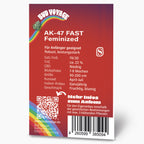 Bud Voyage graphic design, AK-47 Fast Feminized cannabis seed packaging featuring a rainbow, QR code, and barcode with fruity and floral details.
