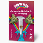 Bud Voyage Cannabis Samen Amnesia Bubba F1 Automatic zeigt Marihuana Blüten und Samen in einer Reagenzglas mit Regenbogen und türkisfarbenen Wellen auf burgunderrotem Hintergrund
