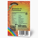 Bud Voyage Produktgrafik: Amnesia F1 feminisierte Cannabis-Samen, Regenbogen, QR-Code und Barcode, fruchtig-weihrauchiger Geschmack
