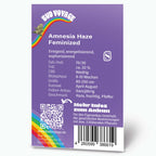 Graphic design by Bud Voyage depicting Amnesia Haze Feminized cannabis with a vibrant rainbow and QR code, showcasing details like a purple background and fruity pepper flavor notes
