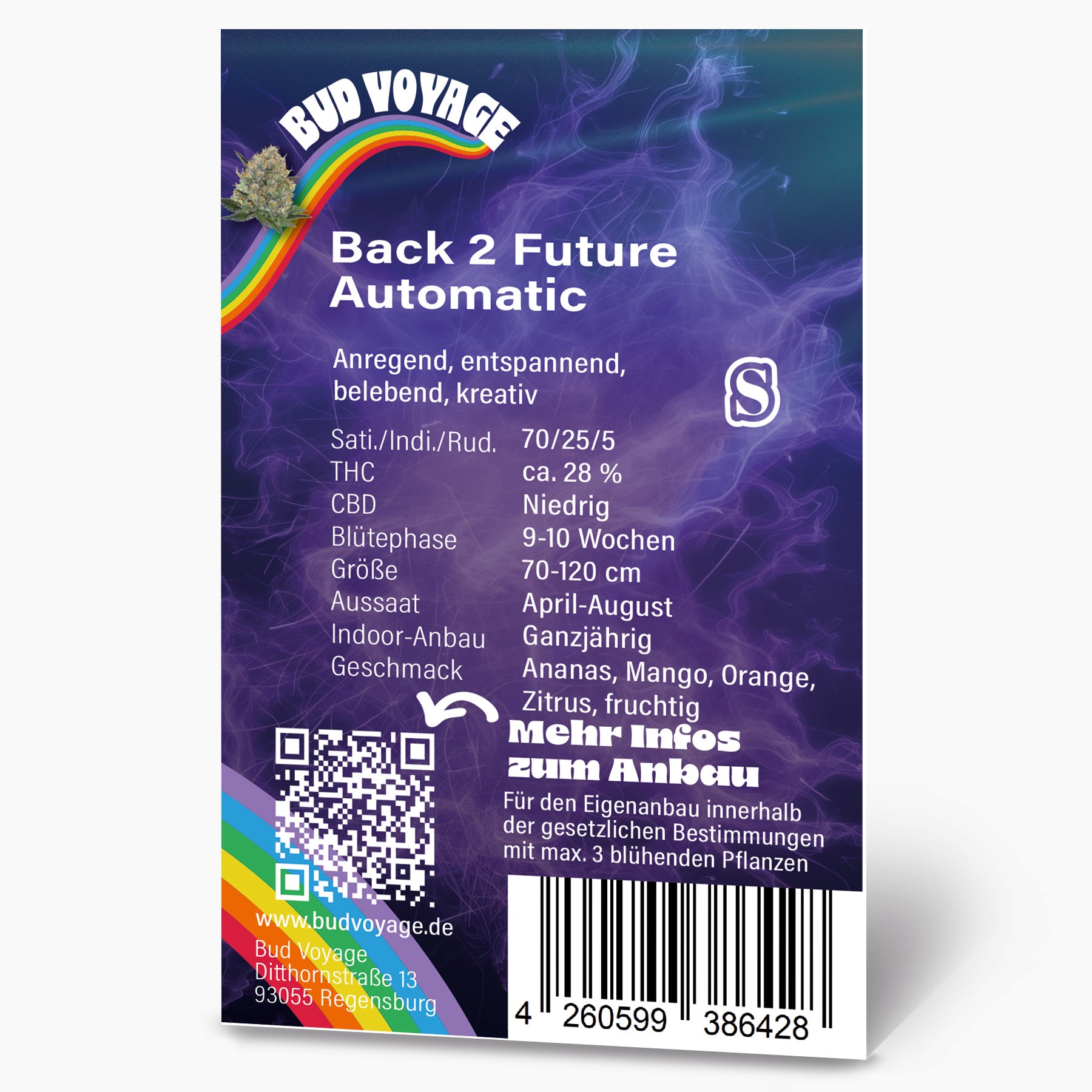 Bud Voyage Produktgrafik: Back 2 Future Automatic Hanfpflanze mit Regenbogen, Ananas-Mango-Orange Aroma und lila-farbenen Hintergrunddetails
