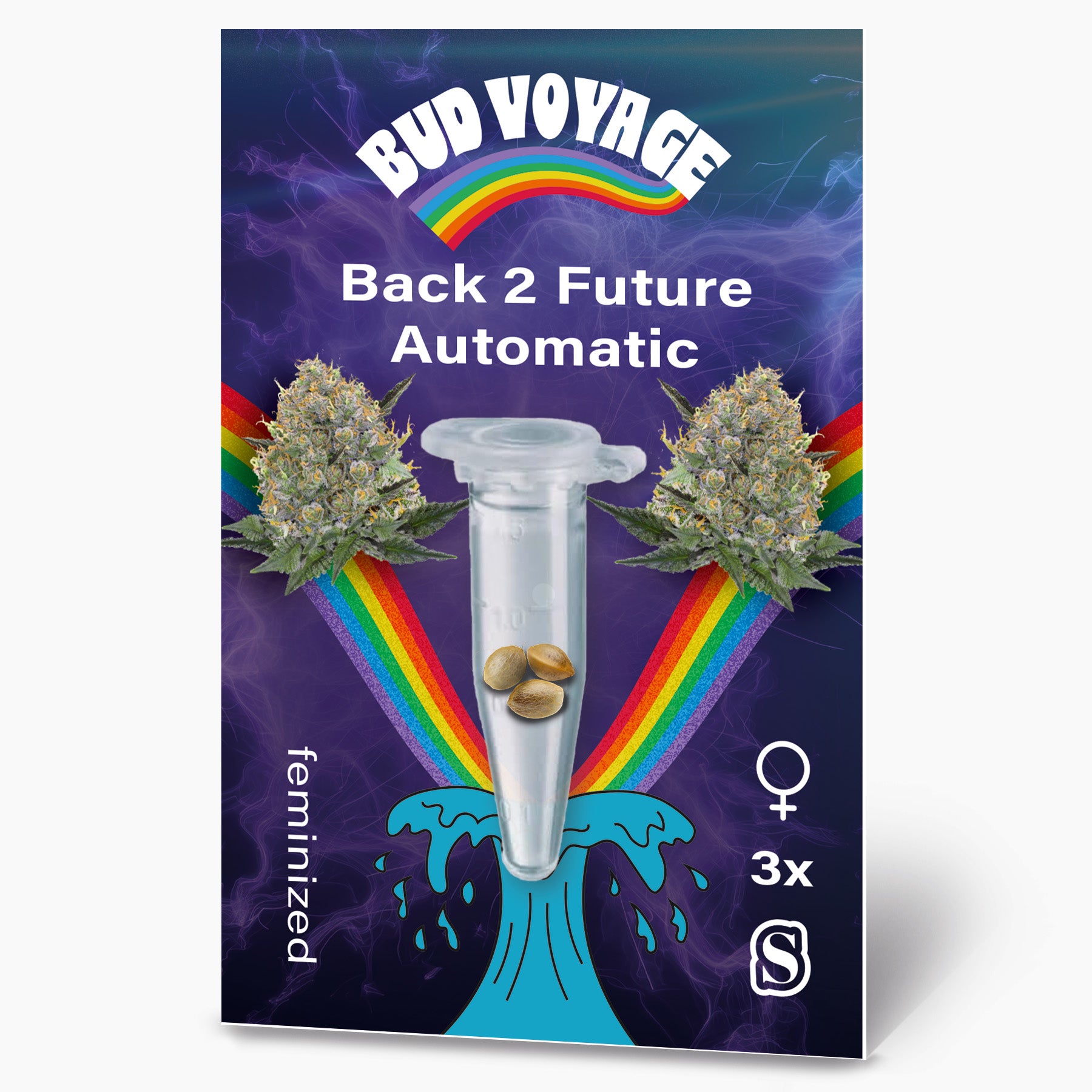 Bud Voyage Produktbild: Back 2 Future Automatic Hanfsamen, drei feminisierte Samen in einer Reagenzglas, umgeben von Regenbogen und Marihuana Blüten mit violetten und grünen Farbtönen

