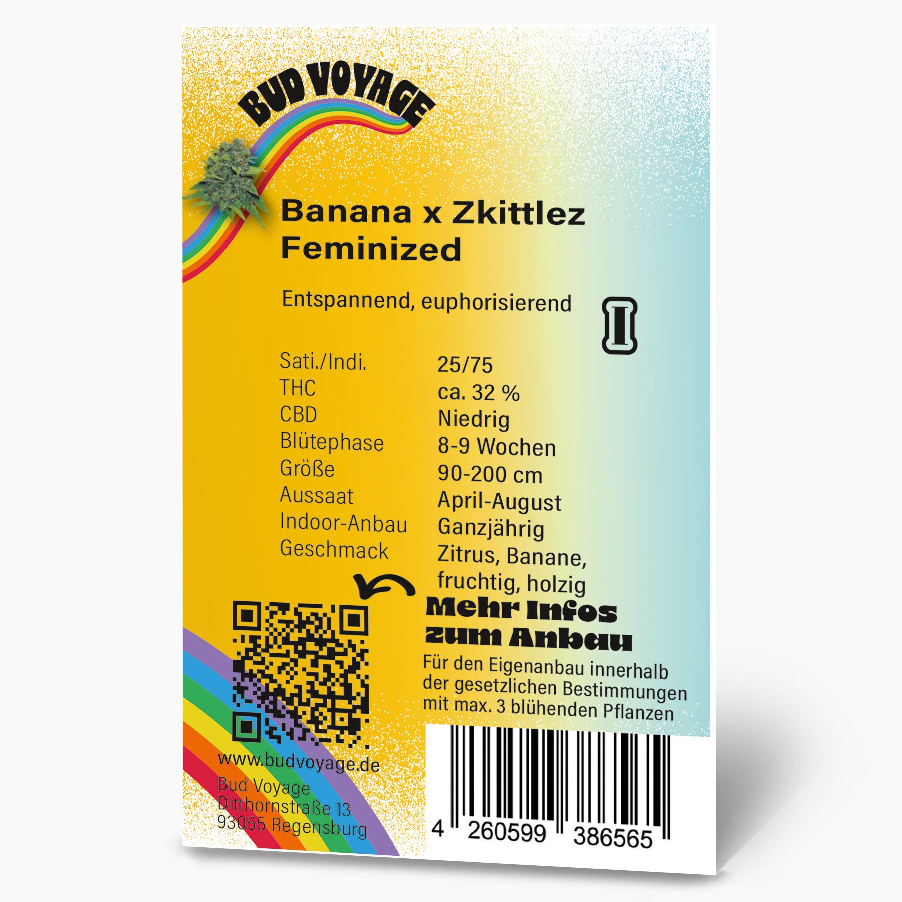 Bud Voyage Produktgrafik:  Banana x Zkittlez feminisierte Hanfsamen, Regenbogen-Design mit QR-Code,  fruchtige und holzige Noten,  THC-Gehalt ca 32%
