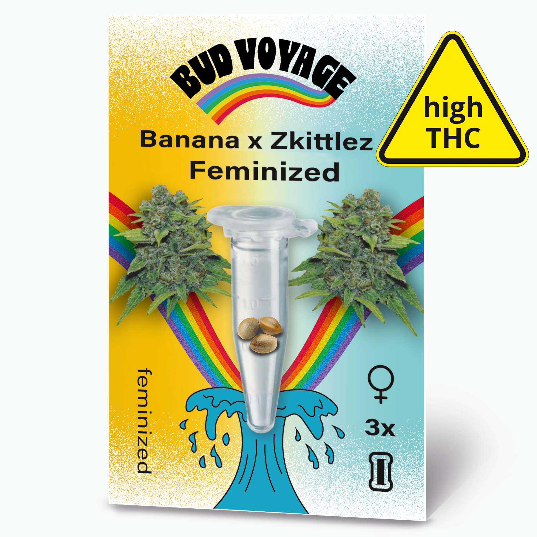 Bud Voyage Saatgutpackung, zeigt feminisierte Banana x Zkittlez Cannabis Samen in einer Reagenzglas mit einem Regenbogen und Wellen Hintergrund, drei Samen, hohe THC Warnung