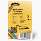 Produktgrafik von HANS Brainfood GmbH: Big Banana feminisierte Cannabis-Samen, Regenbogen-Design mit QR-Code und Barcode,  Bananen- und Skunk-Geschmack,  18+ Altersbeschränkung
