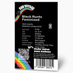 Bud Voyage Grafikdesign: Black Runtz feminisierte Hanfsaat-Produktinformationen mit Regenbogen, QR-Code und Barcode auf schwarzem Hintergrund
