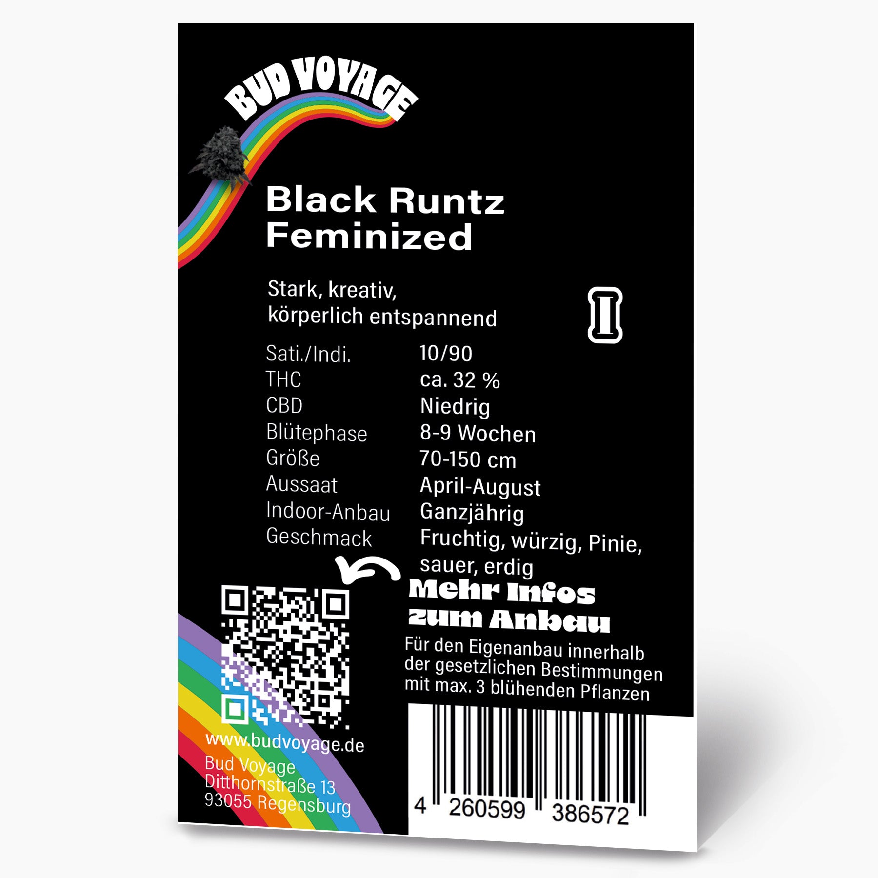 Bud Voyage Grafikdesign: Black Runtz feminisierte Hanfsaat-Produktinformationen mit Regenbogen, QR-Code und Barcode auf schwarzem Hintergrund
