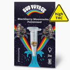 Bud Voyage Produktgrafik zeigt feminisierte Blackberry Moonrocks Samen in einer Mikrotesttube vor einem Regenbogen und blauen Wellen mit lila Blüten und drei Samen in lebendigen Farben
