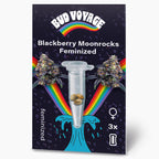 Bud Voyage Grafikdesign: feminisierte Blackberry Moonrocks Samen in einer Mikro-Reagenzglas, umgeben von Regenbögen und maritimen Motiven, auf dunklem Hintergrund drei Samen sichtbar
