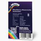 Bud Voyage Produktgrafik: Blackberry Moonrocks Automatic Hanfsamen, zeigt einen Regenbogen, ein QR-Code und  detaillierte Angaben zu Anbau, Geschmack und THC-Gehalt

