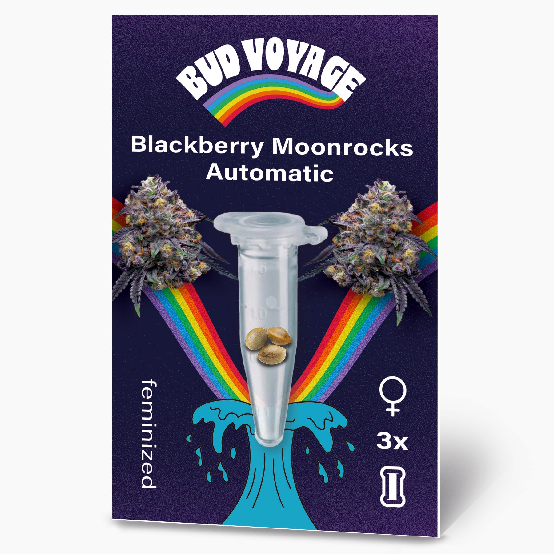 Bud Voyage Produktgrafik zeigt Blackberry Moonrocks Automatic Samen in einer Testtube vor einem Regenbogen und lilafarbenen Cannabisblüten
