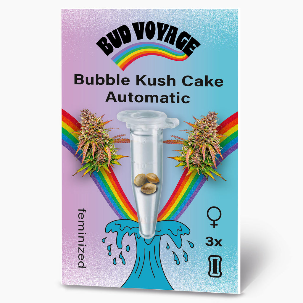 Bud Voyage Grafikdesign:  Bubble Kush Cake Automatic Samen in einer Testtube, umgeben von Regenbogen und Marihuanablüten mit leuchtenden Farben und einem blauen Wellenmuster.
