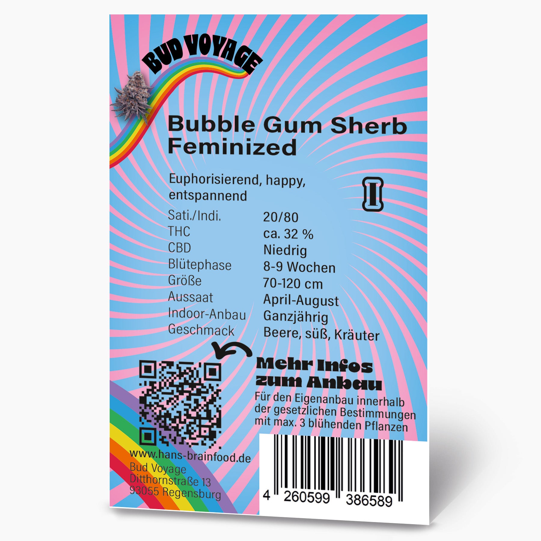 Bud Voyage Grafikdesign:  Produktinformationen für Bubble Gum Sherb feminisierte Hanfsamen mit Regenbogen, QR-Code und Barcode,  detailreichem Design in Pink und Hellblau
