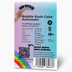 Grafik von Hans Brainfood GmbH,  Produktinformation für Bubble Kush Cake Automatic Hanfsaatgut mit Regenbogen, QR-Code und detaillierter Beschreibung der Pflanze
