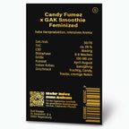 Grafikdesign von Bud Voyage, Produktinformationen für Candy Fumez x GAK Smoothie feminisierte Hanfsamen mit goldenen Details und QR-Code,  Regensburg
