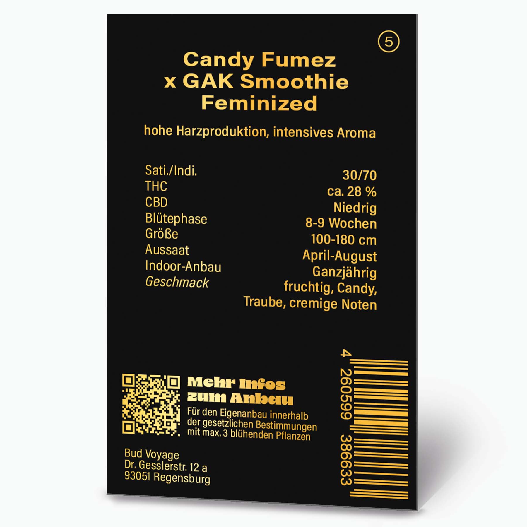 Grafikdesign von Bud Voyage, Produktinformationen für Candy Fumez x GAK Smoothie feminisierte Hanfsamen mit goldenen Details und QR-Code,  Regensburg
