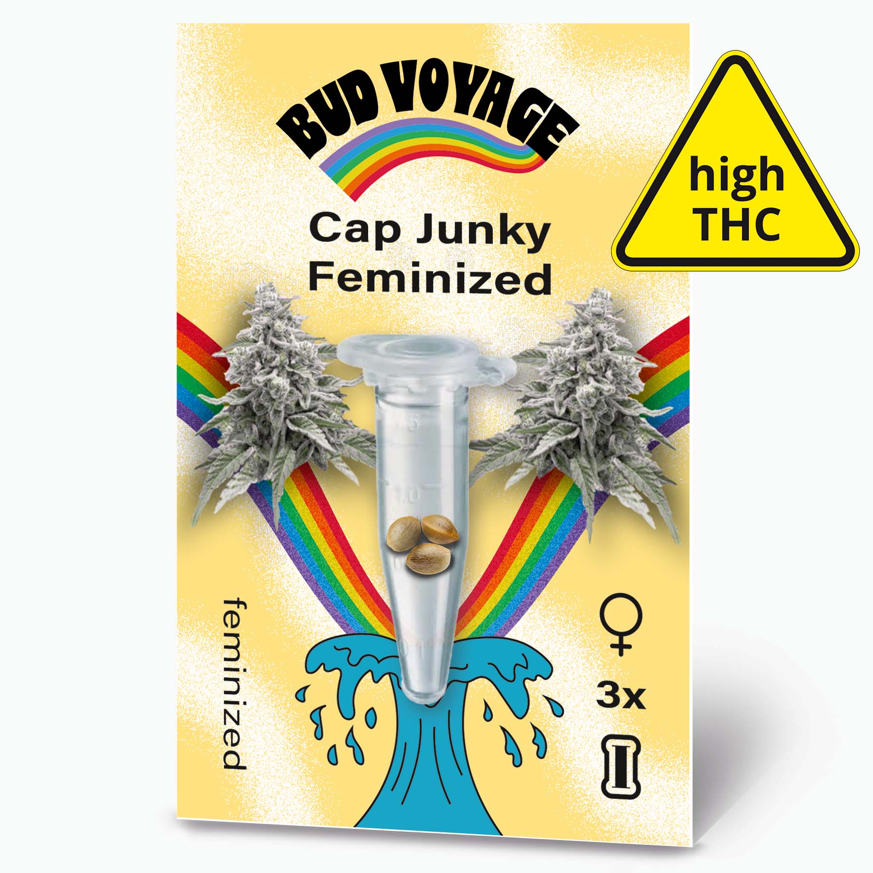 Bud Voyage Grafikdesign: Cap Junky feminisierte Hanfsamenpackung mit Regenbogen, drei Samen in einer Testtube und einer stilisierten Welle,  hoher THC-Gehalt
