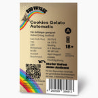 Grafik von Hans Brainfood GmbH: Cookies Gelato Automatic Samenpackung mit Regenbogen, QR-Code und  detaillierter Produktinformation in beige und goldenen Farbtönen
