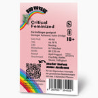 Graphic design by Bud Voyage depicting Critical Feminized cannabis with a rainbow, QR code, and barcode, showcasing fruity, pine, and skunk-like flavor notes.
