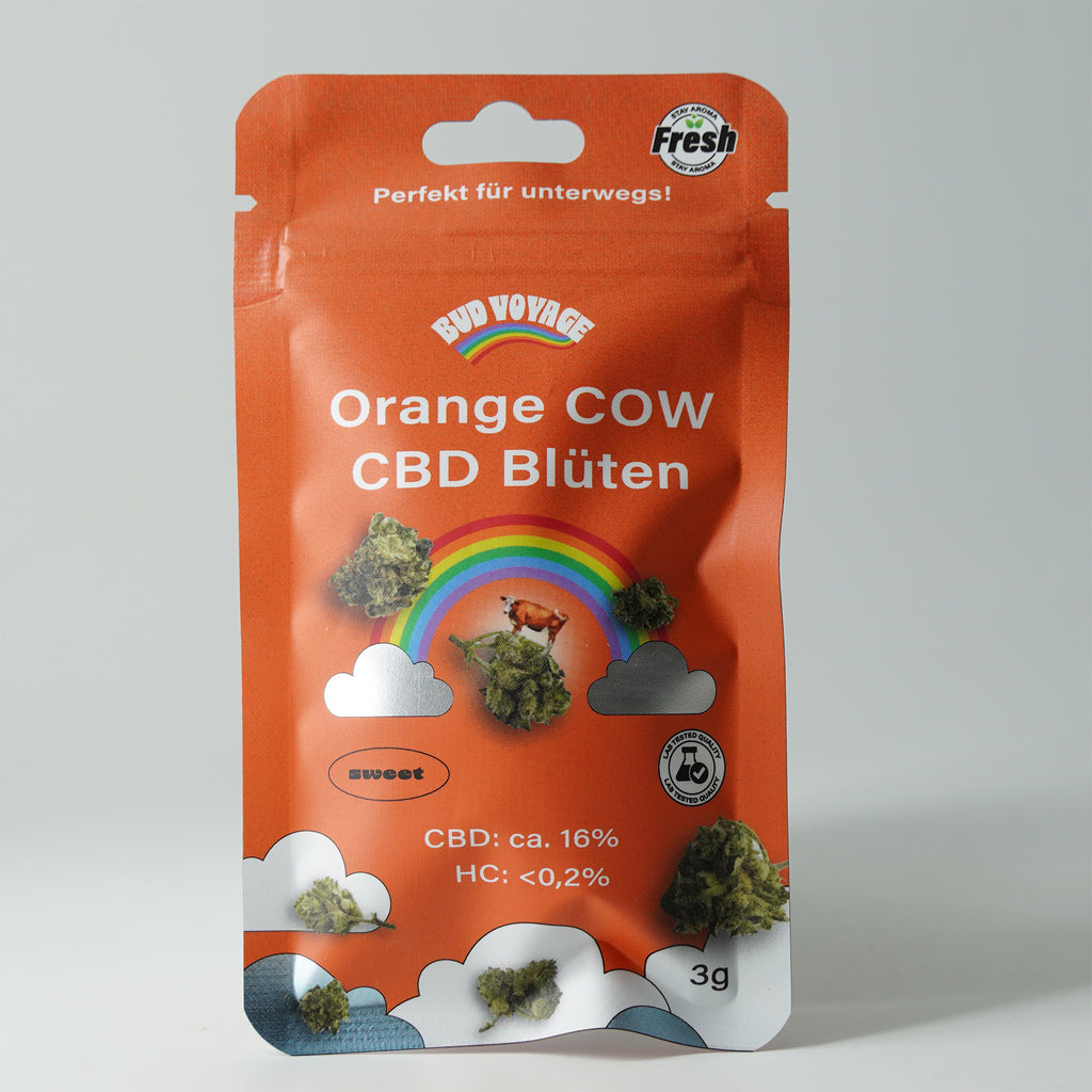 Bud Voyage Produktfotografie: Orange COW CBD Blütenverpackung mit Regenbogen, Kuh und silbernen Wolken auf orangefarbenem Hintergrund
