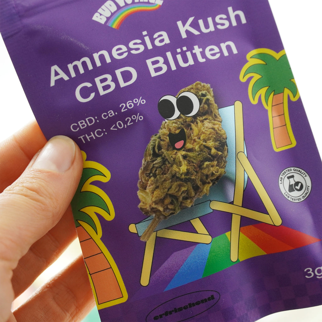 Bud World Amnesia Kush CBD Blüten Verpackung zeigt einen Cartoon-Hanfblüten-Charakter auf einem Liegestuhl vor Palmen mit einem Regenbogen und einem Qualitätssiegel

