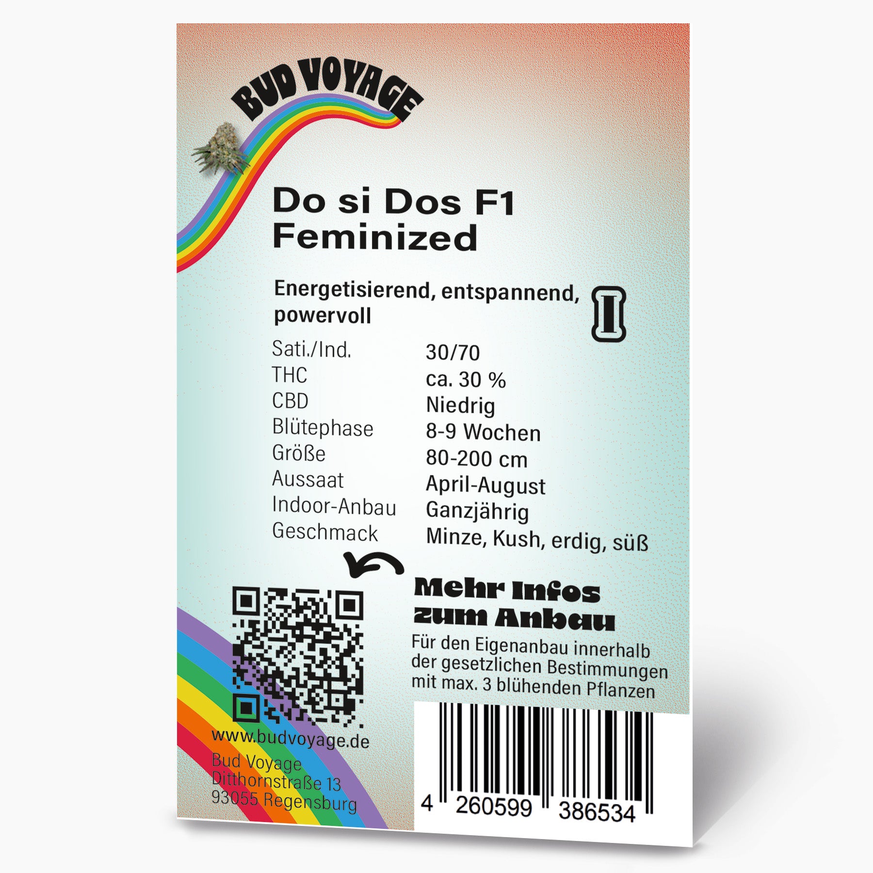 Bud Voyage Produktgrafik: Do si Dos F1 feminisierte Hanfsamen, Regenbogen, QR-Code und Barcode,  mit Minze, Kush und erdigen Noten
