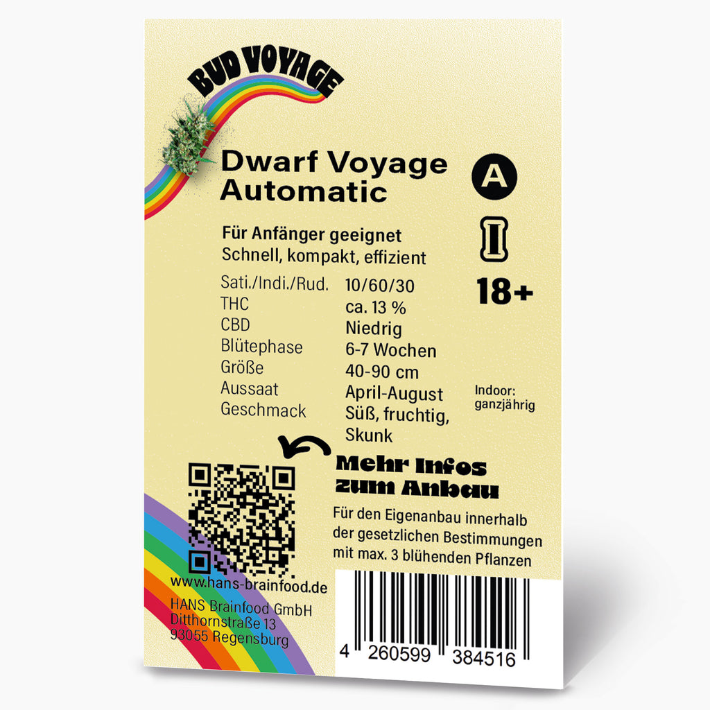 Graphic design by Hans Brainfood GmbH showing Dwarf Voyage Automatic cannabis seed packaging with a rainbow, QR code, and barcode details, showcasing a sweet, fruity skunk flavor profile