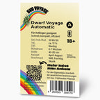 Graphic design by Hans Brainfood GmbH showing Dwarf Voyage Automatic cannabis seed packaging with a rainbow, QR code, and barcode details, showcasing a sweet, fruity skunk flavor profile