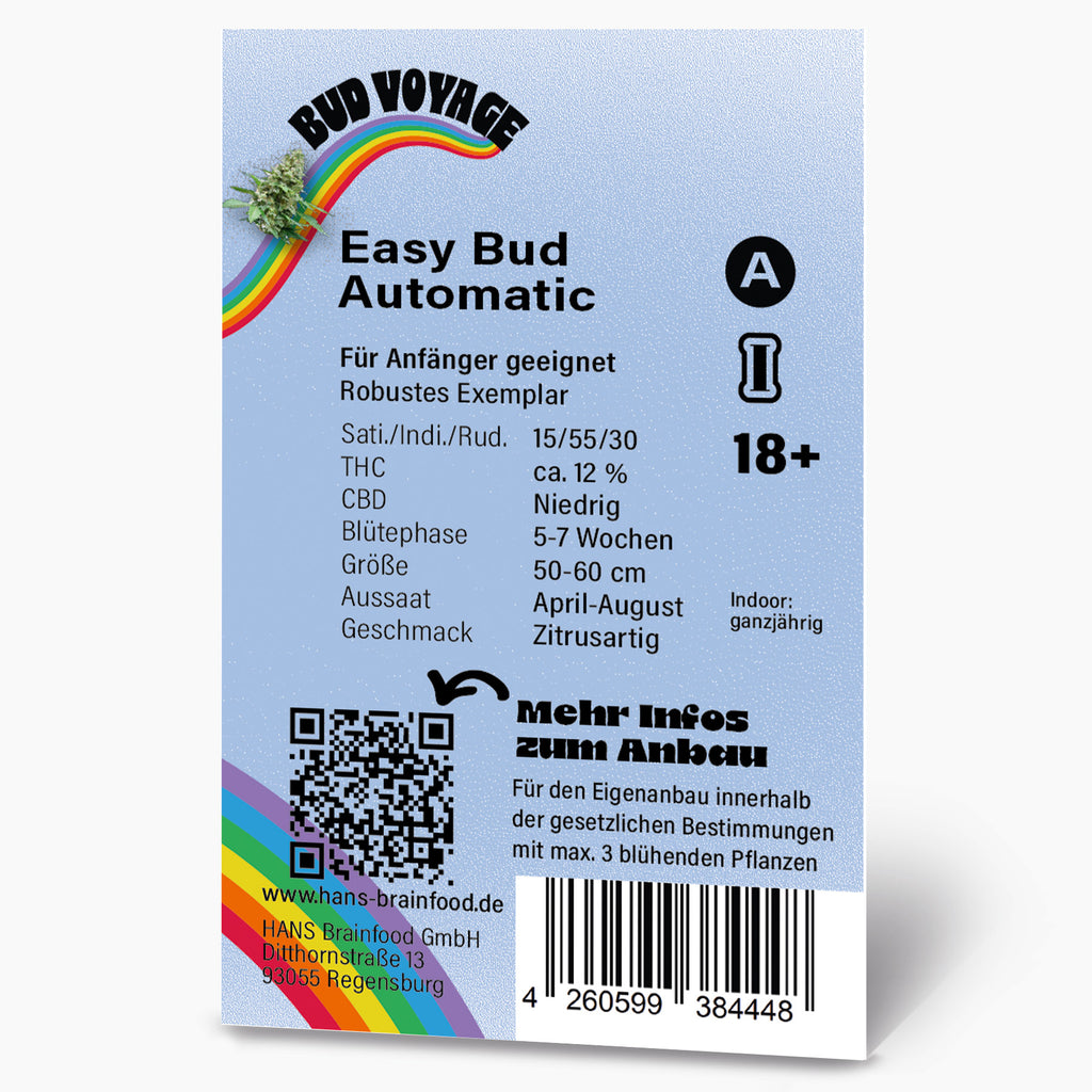 Produktbild von HANS Brainfood GmbH: Easy Bud Automatic Samenpackung mit Regenbogen, Marihuana-Blüte und QR-Code, für den Anbau im Innenbereich geeignet
