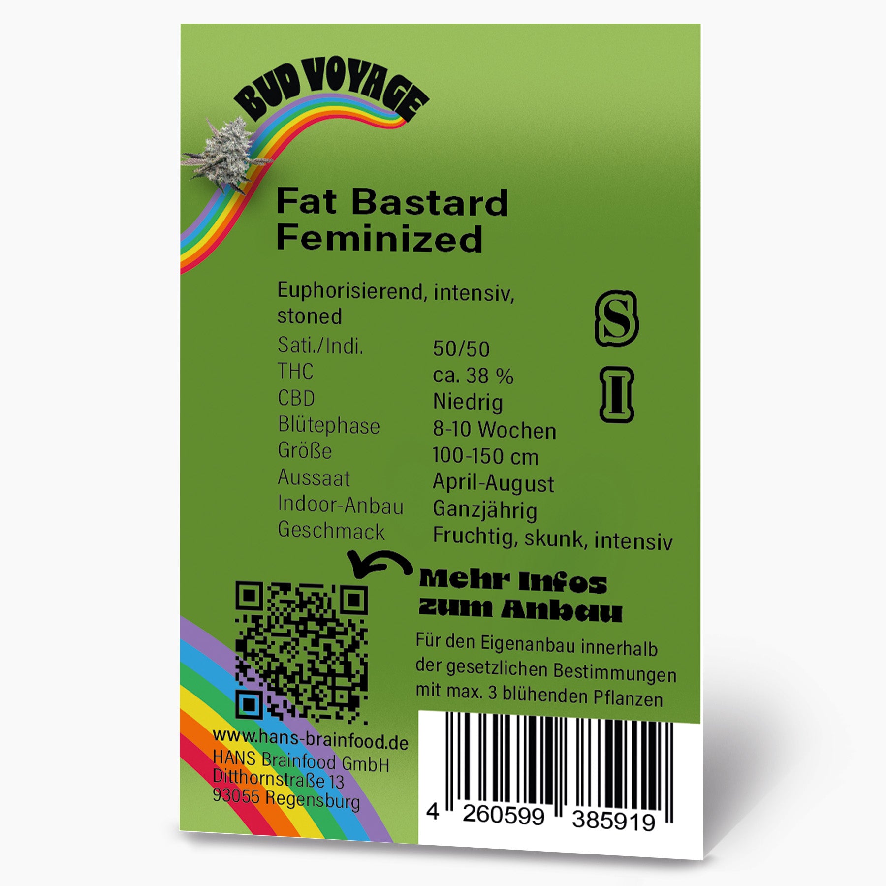 Digital illustration by Bud Voyage zeigt eine Marihuana-Blume auf einem Regenbogen vor einem grünen Hintergrund mit  QR-Code und Produktinformationen in Regensburg
