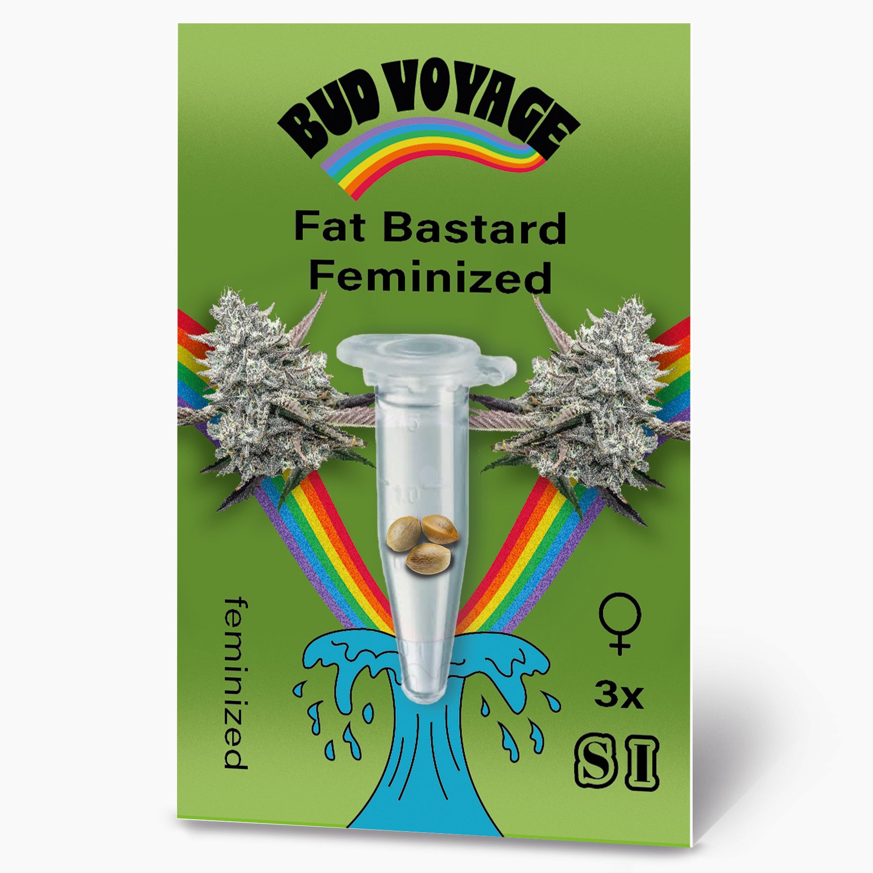 Bud Voyage Grafikdesign:  Fat Bastard feminisierte Hanfsamen in einem Reagenzglas, umgeben von Regenbogen und marihuanaknospen mit auffälligen grünen und violetten Farbtönen und drei Samen im Inneren des Reagenzglases
