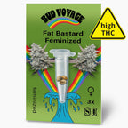 Bud Voyage Saatgutpackung zeigt feminisierte Fat Bastard Hanfsamen in einer Reagenzglas mit Regenbogen und türkisfarbenen Wellen drei Samen hoher THC-Gehalt