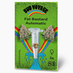 Bud Voyage seed pack featuring Fat Bastard Automatic cannabis seeds against a vibrant green grass background with rainbow accents and a cartoonish water splash design showing three feminized seeds in a test tube

