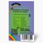 Bud Voyage Produktgrafik zeigt Gelato x Purple Punch F1 Auto Hanfpflanze mit Regenbogen und QR-Code auf Lila-Grün Hintergrund  fruchtige Beerennuancen und süße Kräuteraromen
