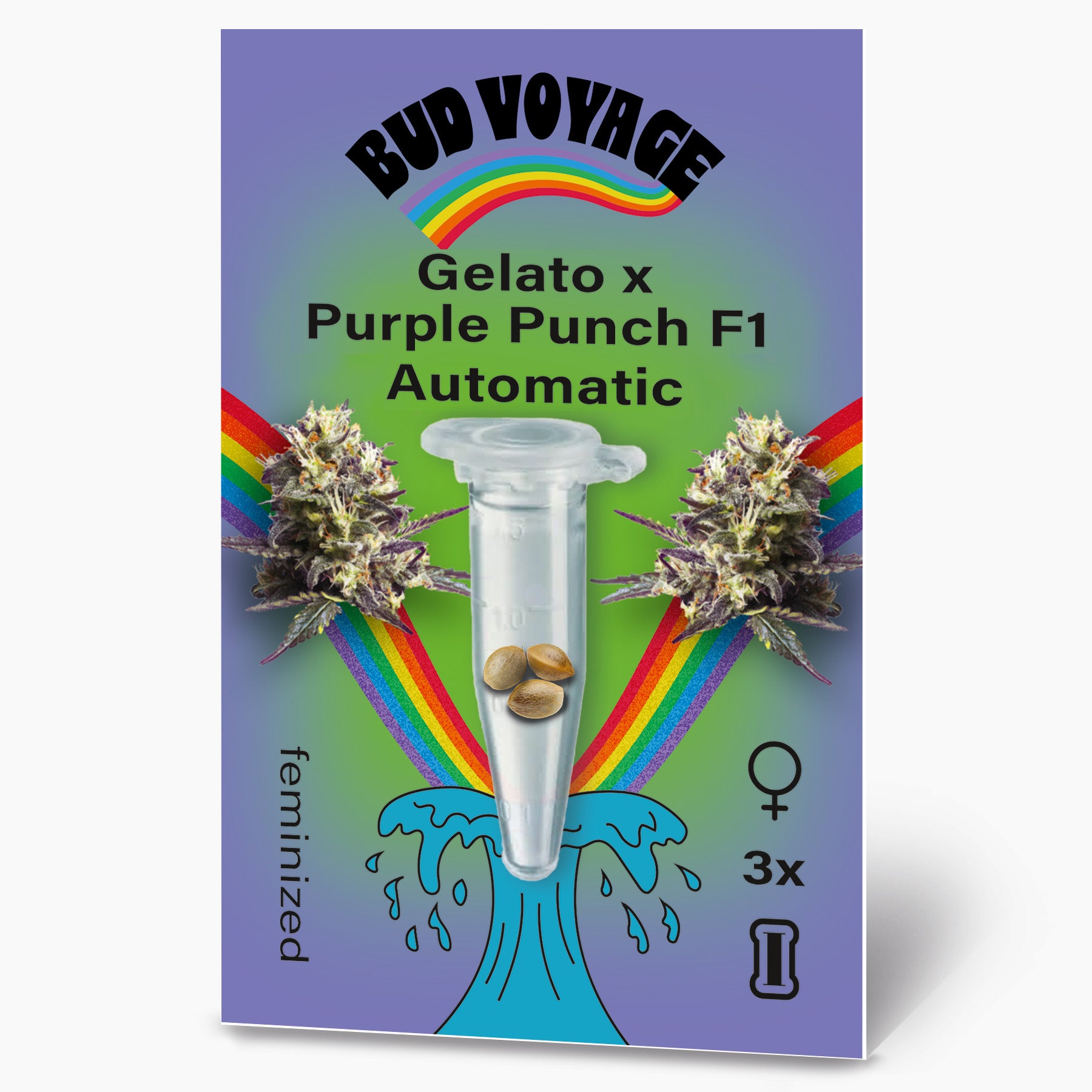 Digital illustration von Bud Voyage: Gelato x Purple Punch F1 Automatic Samen mit Regenbogen, marihuanablüten und drei samen in einer durchsichtigen tube auf grünem hintergrund