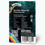 Bud Voyage graphic design featuring Gorilla Glue #4 feminized cannabis strain with a vibrant rainbow, teal network background, and QR code for more info.
