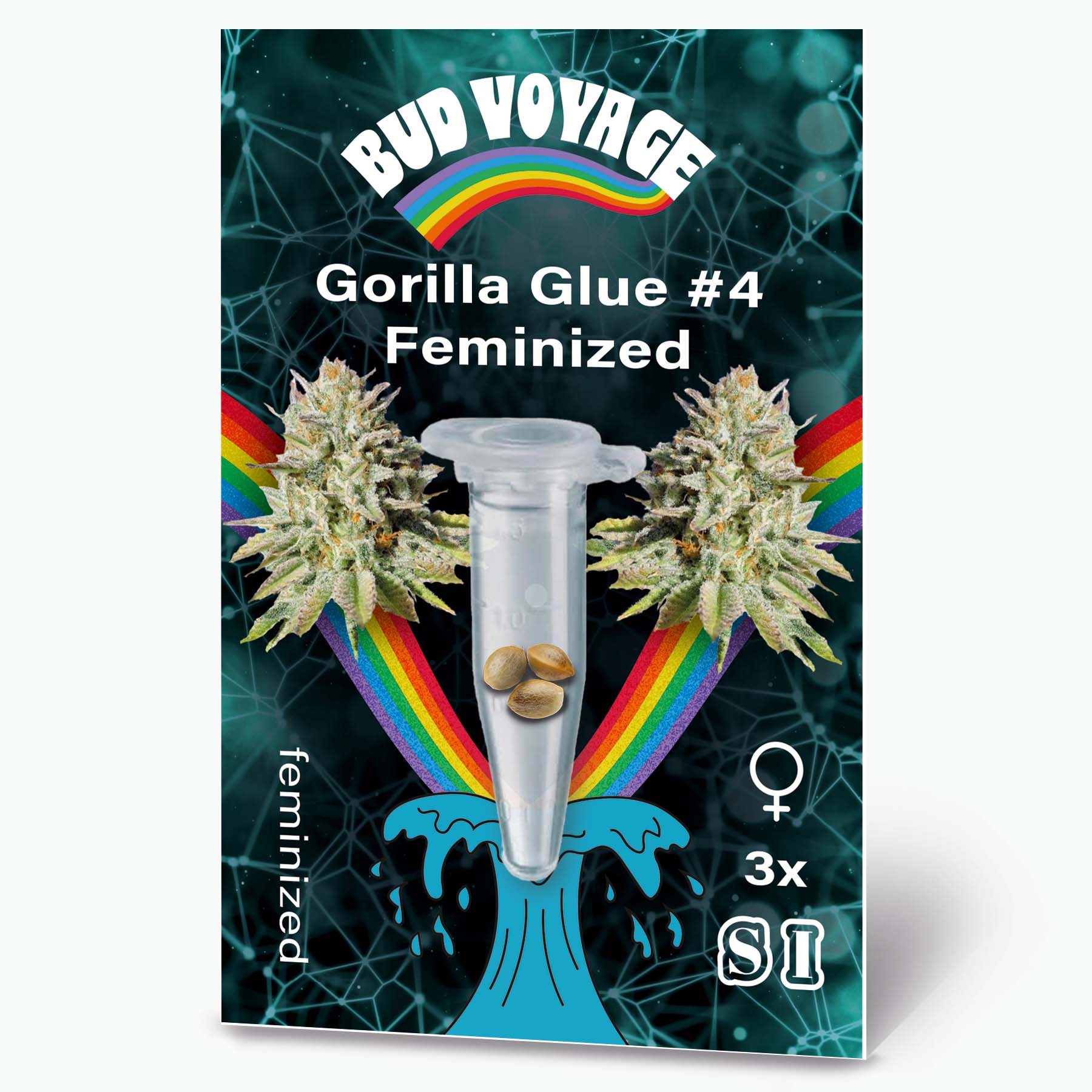 Bud Voyage Grafikdesign: Gorilla Glue #4 feminisierte Hanfsamen in einem Reagenzglas vor Regenbogen und türkisfarbenem Wellenhintergrund mit detaillierten Blütenständen und drei Samen