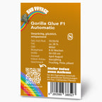 Bud Voyage Produktgrafik: Gorilla Glue F1 Automatic Hanfsaatgut mit Regenbogen, QR-Code und fruchtigem, pinien- und pikantem Geschmack.
