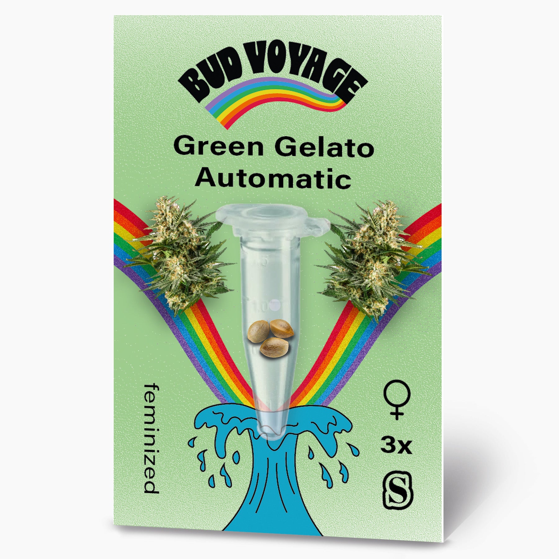 Bud Voyage Samenkarton zeigt drei feminisierte Green Gelato Automatic Samen in einer Testtube umgeben von Regenbogen und einer blauen Welle auf hellgrünem Hintergrund
